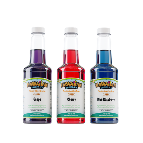 Front view of three 16-oz pints: Grape (Purple), Cherry (Red), and Blue Raspberry (Blue). 