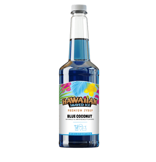 A quart (32-oz) of Hawaiian Shaved Ice Blue Coconut Flavored syrup, Blue