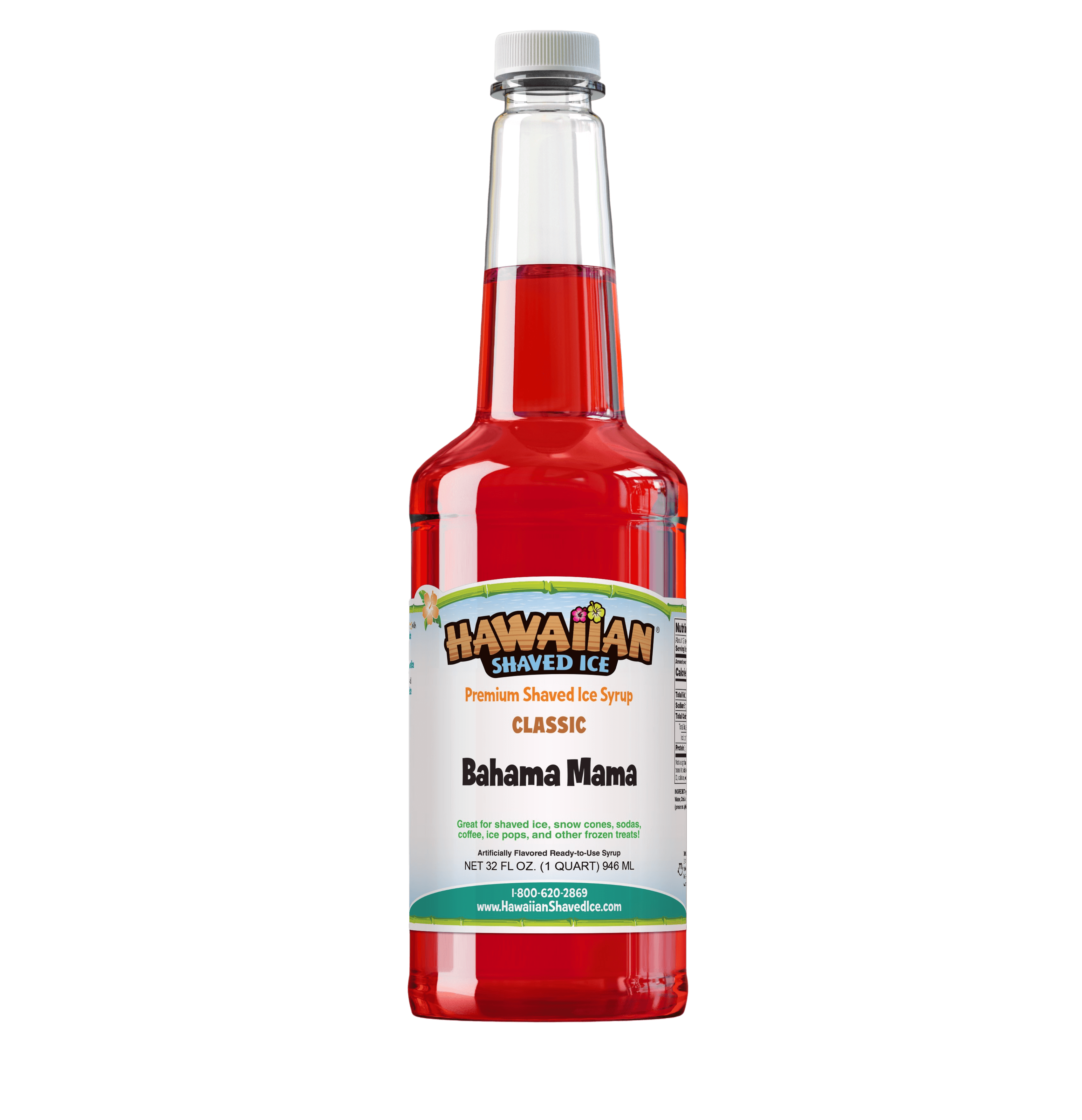 A quart (32-ounces) of Hawaiian Shaved Ice® Bahama Mama Flavored Syrup, Red