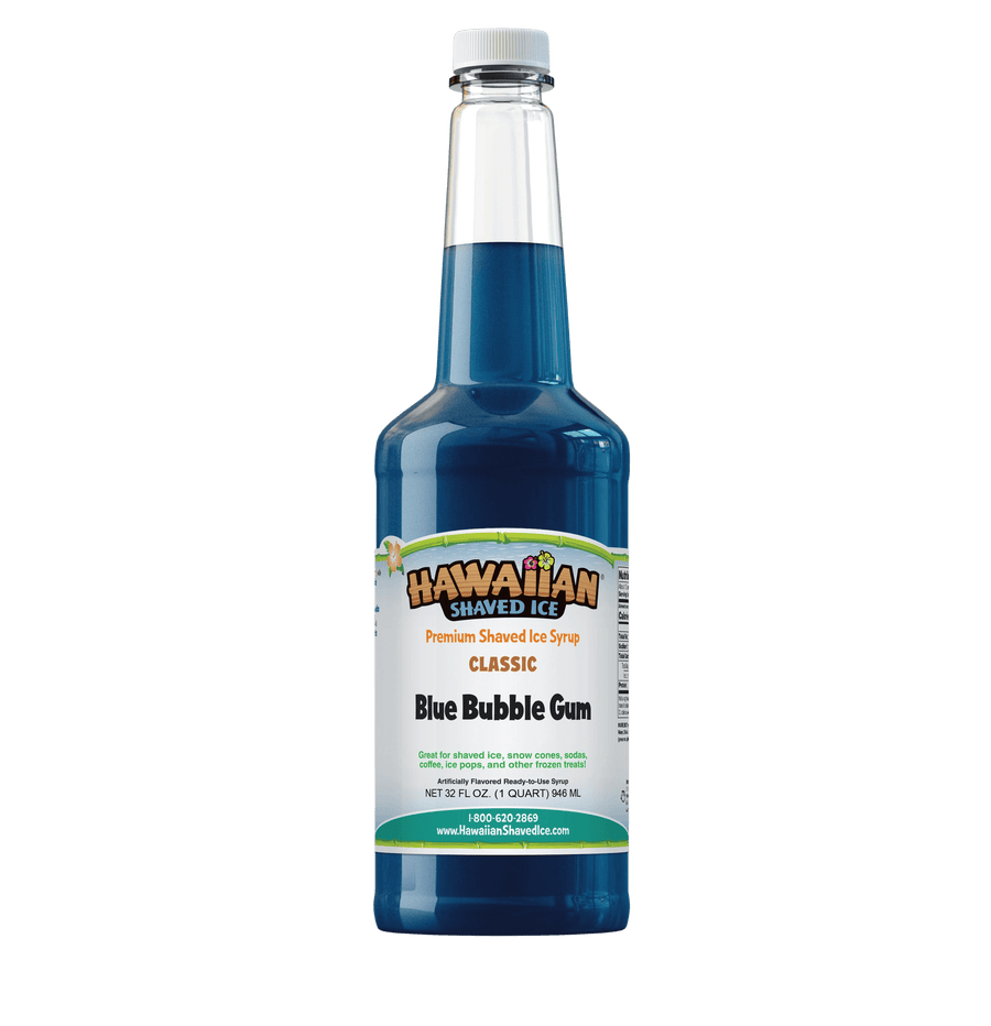 A quart (32-oz) of Hawaiian Shaved Ice Blue Bubble Gum Flavored syrup, Blue