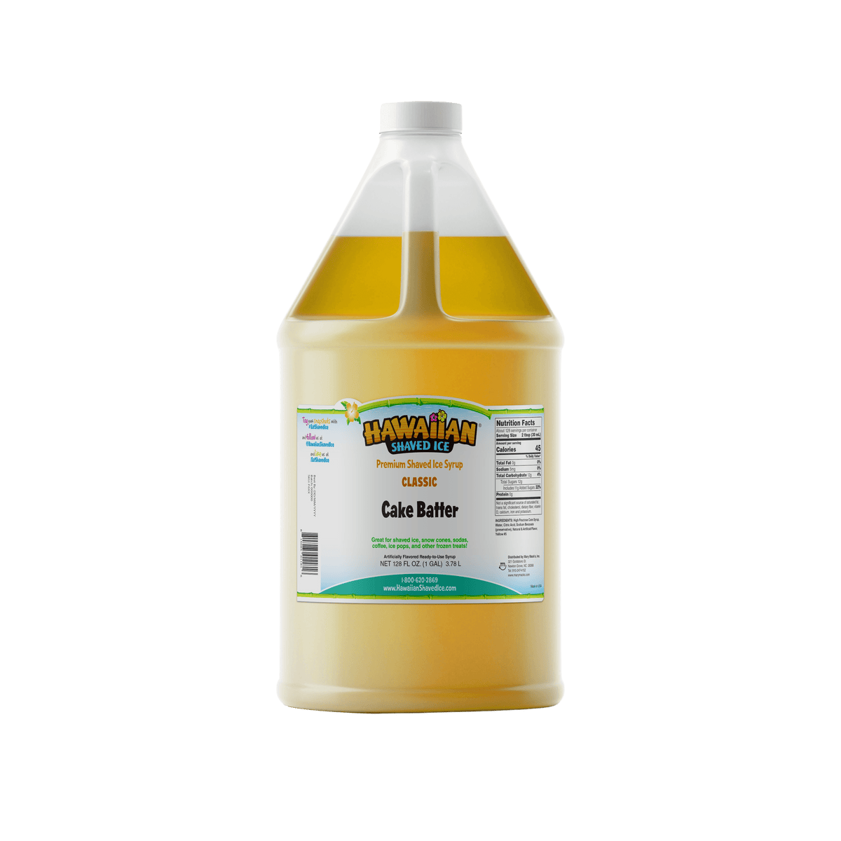 A gallon (128-oz) of Hawaiian Shaved Ice Cake Batter Flavored syrup, Yellow