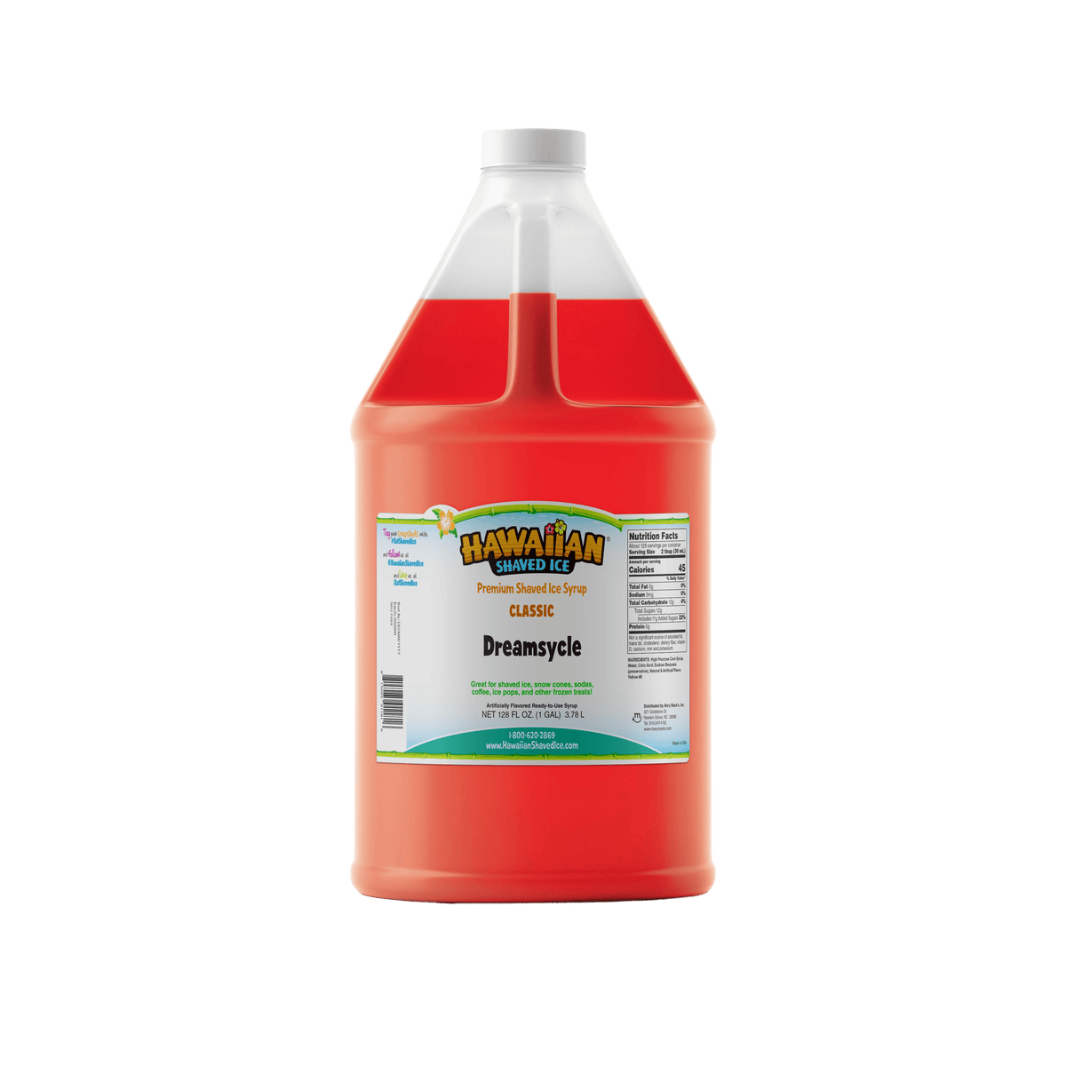 A gallon (128-oz) of Hawaiian Shaved Ice Dreamscyle Flavored syrup, Orange