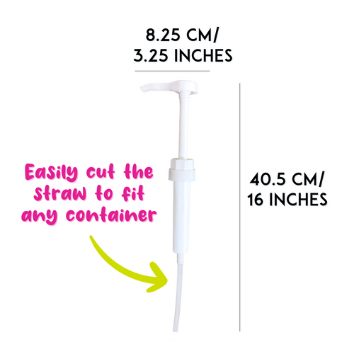 Side view of while gallon pump. In black writing above the pump head are the dimensions: 8.25cm/3.25 inches. Down the right side of the pump, the length dimensions are printed in black: 40.5cm/16 inches. Down the left side is pink text stating: “Easily cut the straw to fit any container.” Below this is a green arrow from the text, pointing left towards the lower half of the pump.