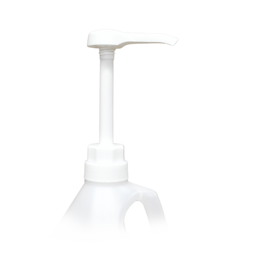 Side view of white gallon pump that is attached in place to gallon.