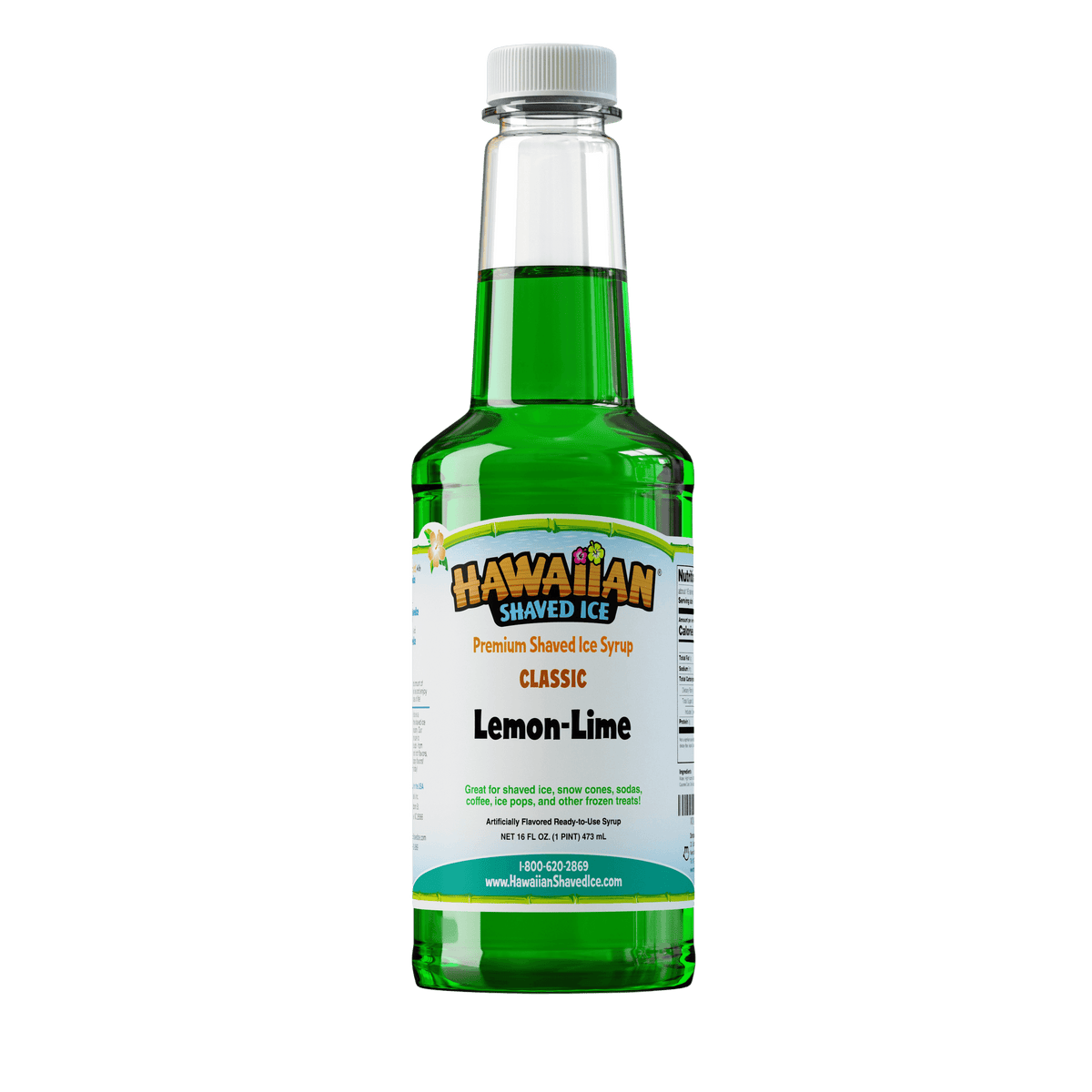 A pint (16-oz) of Hawaiian Shaved Ice Lemon-Lime Flavored syrup, Green