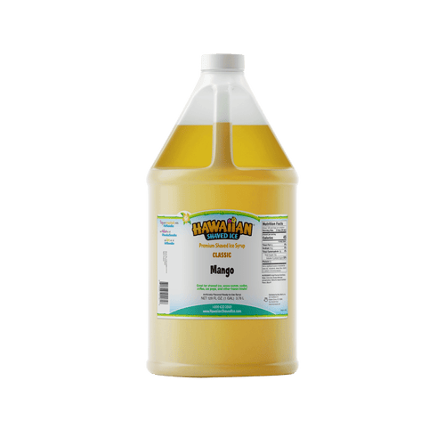 A gallon (128-oz) of Hawaiian Shaved Ice Mango Flavored syrup, Orange