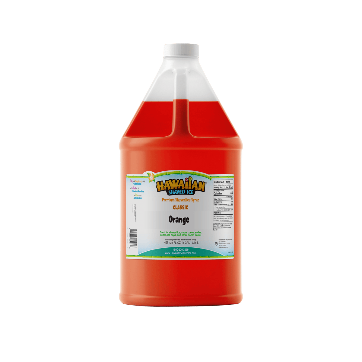 A gallon (128-oz) of Hawaiian Shaved Ice Orange Flavored syrup, Orange