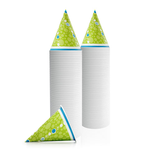 Front view of two large stacks of green snow cone cups. One cup is laying on its' side in front of stacks.