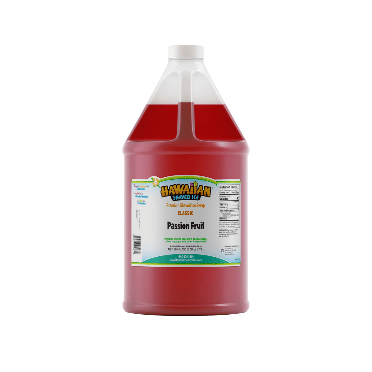 A gallon (128-oz) of Hawaiian Shaved Ice Passion Fruit Flavored syrup, Pink