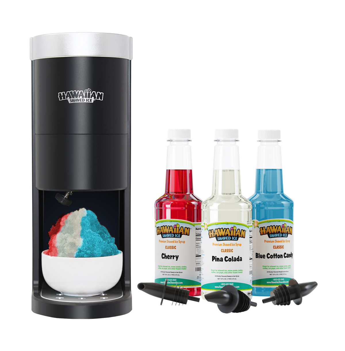 Front view of S777 machine, three 16-oz pints: Cherry (Red), Pina Colada *clear), and Blue Cotton Candy (Light Blue). Below this are three black bottle pourers.