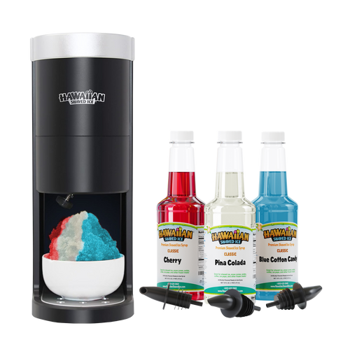 Front view of S777 machine, three 16-oz pints: Cherry (Red), Pina Colada *clear), and Blue Cotton Candy (Light Blue). Below this are three black bottle pourers.