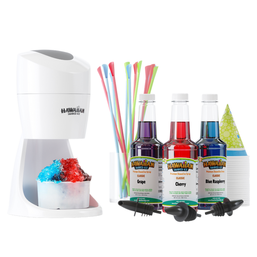 Side view of S900A machine with a snow cone (blue, purple, and red) in a small cup directly below the machine. To the left are 3 16-oz pints, which are Cherry (Red), Blue Raspberry (Blue), and Grape (Purple). In front of the pints are three black bottle pourers. To the left and slightly behind the pints are a stack of green snow cone cups. Slightly behind and to the right of the pints is an assortment of spoon straws (Blue, Red and Green).