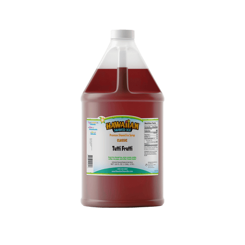 A gallon (128-oz) of Hawaiian Shaved Ice Tutti Fruiti Flavored syrup, Red