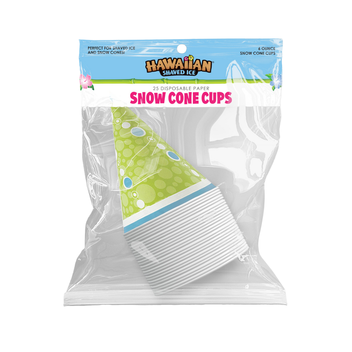 Front view of packaged 25-pack of green snow cones.