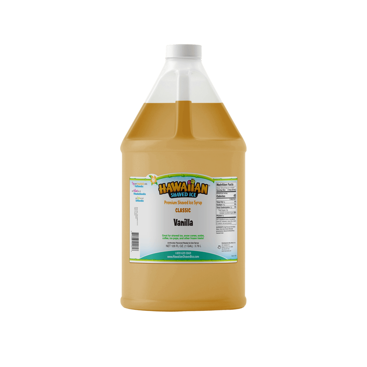 A gallon (128-oz) of Hawaiian Shaved Ice Vanilla Flavored syrup, Light Brown