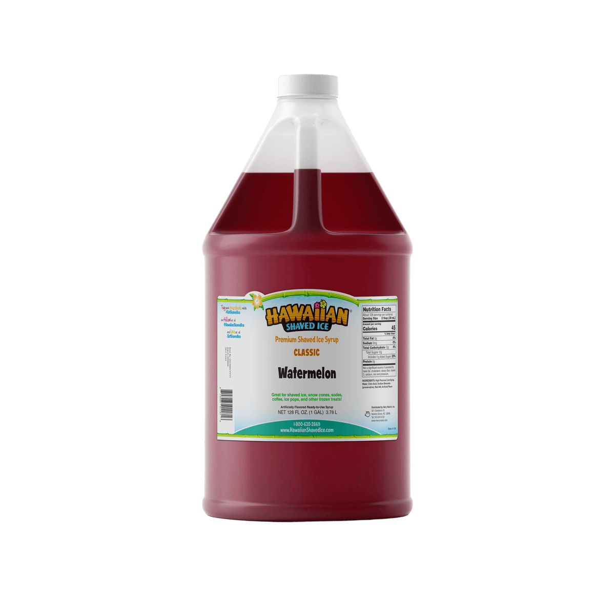 A gallon (128-oz) of Hawaiian Shaved Ice Watermelon Flavored syrup, Red