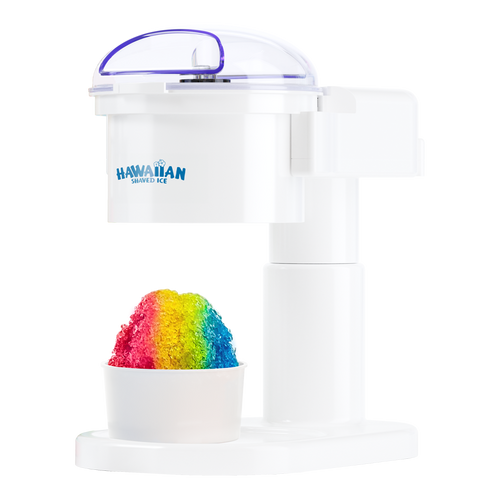 A side-view of the white home-appliance S700 Classic Snow Cone Machine. Rainbow snow cone in white bowl displayed under machine.