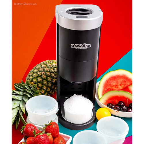 The HomePro Shaved Ice Machine photographed with fruit and shaved ice in a bowl.