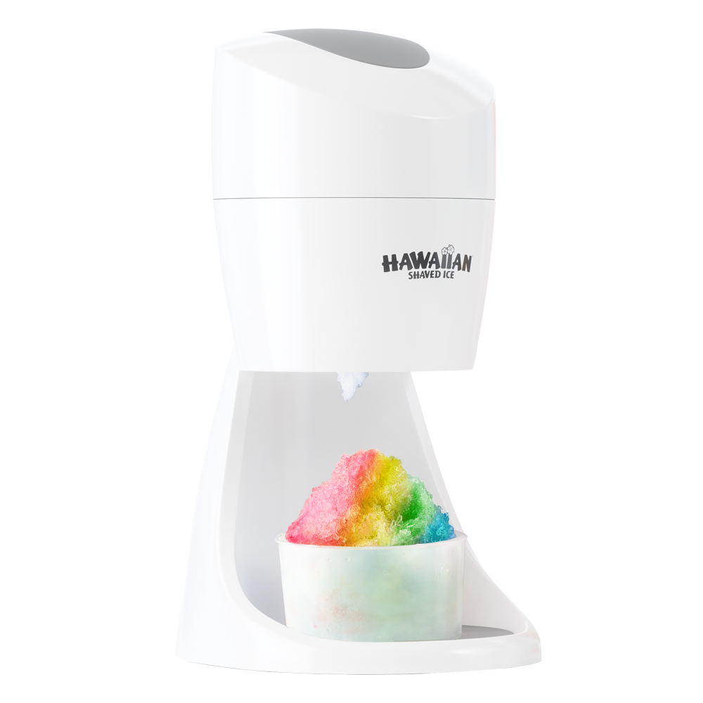 A side-view of the Essential Shaved Ice Machine by Hawaiian Shaved Ice. Beneath the shaving blade is a cup of rainbow colored shaved ice in a cup. 
