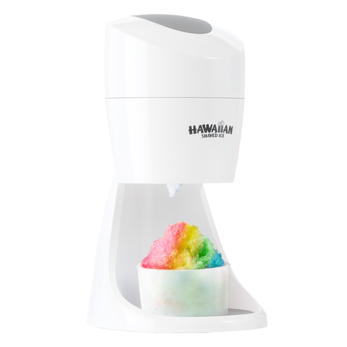 A side-view of the Essential Shaved Ice Machine by Hawaiian Shaved Ice. Beneath the shaving blade is a cup of rainbow colored shaved ice in a cup. 