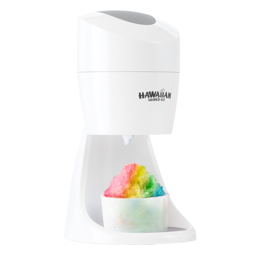 A side-view of the Essential Shaved Ice Machine by Hawaiian Shaved Ice. Beneath the shaving blade is a cup of rainbow colored shaved ice in a cup.
