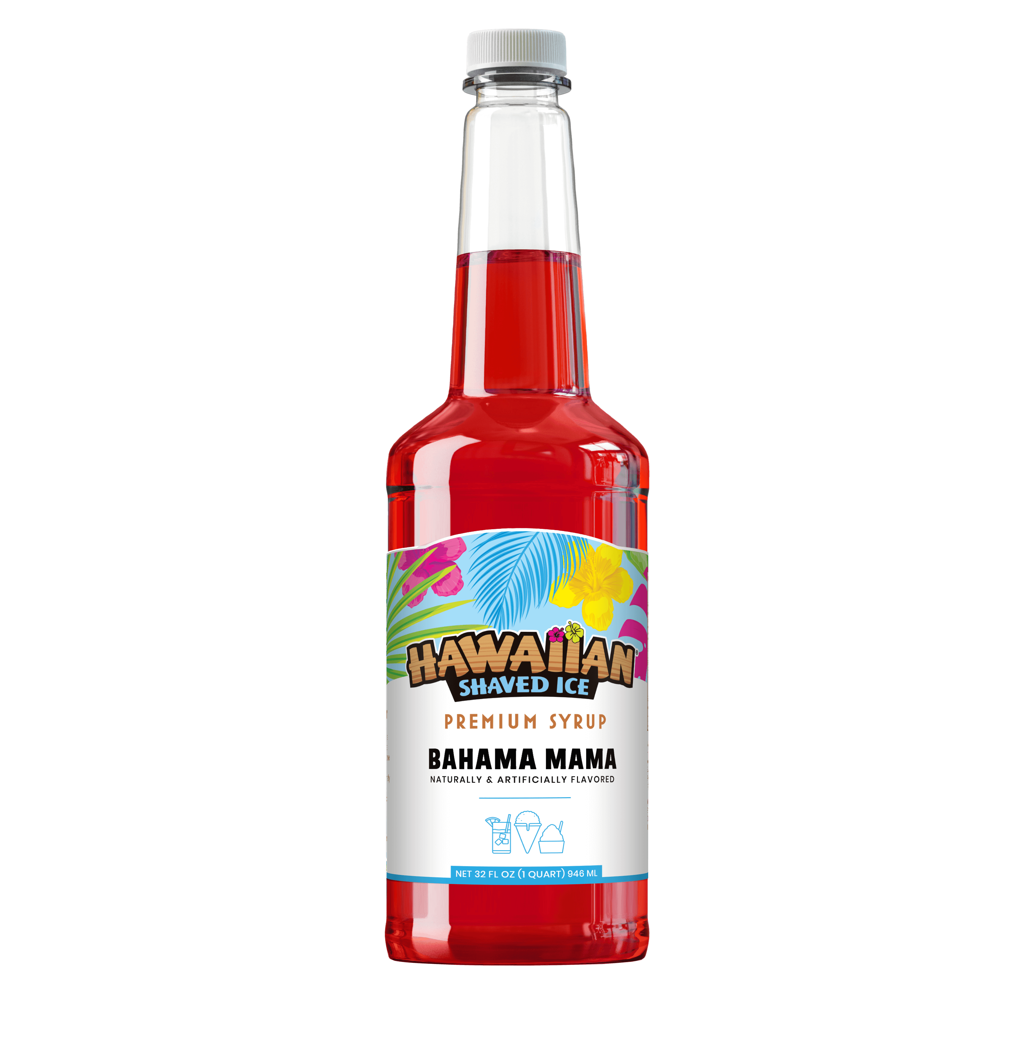 Red, Quart bottle of Bahama Mama flavored syrup 