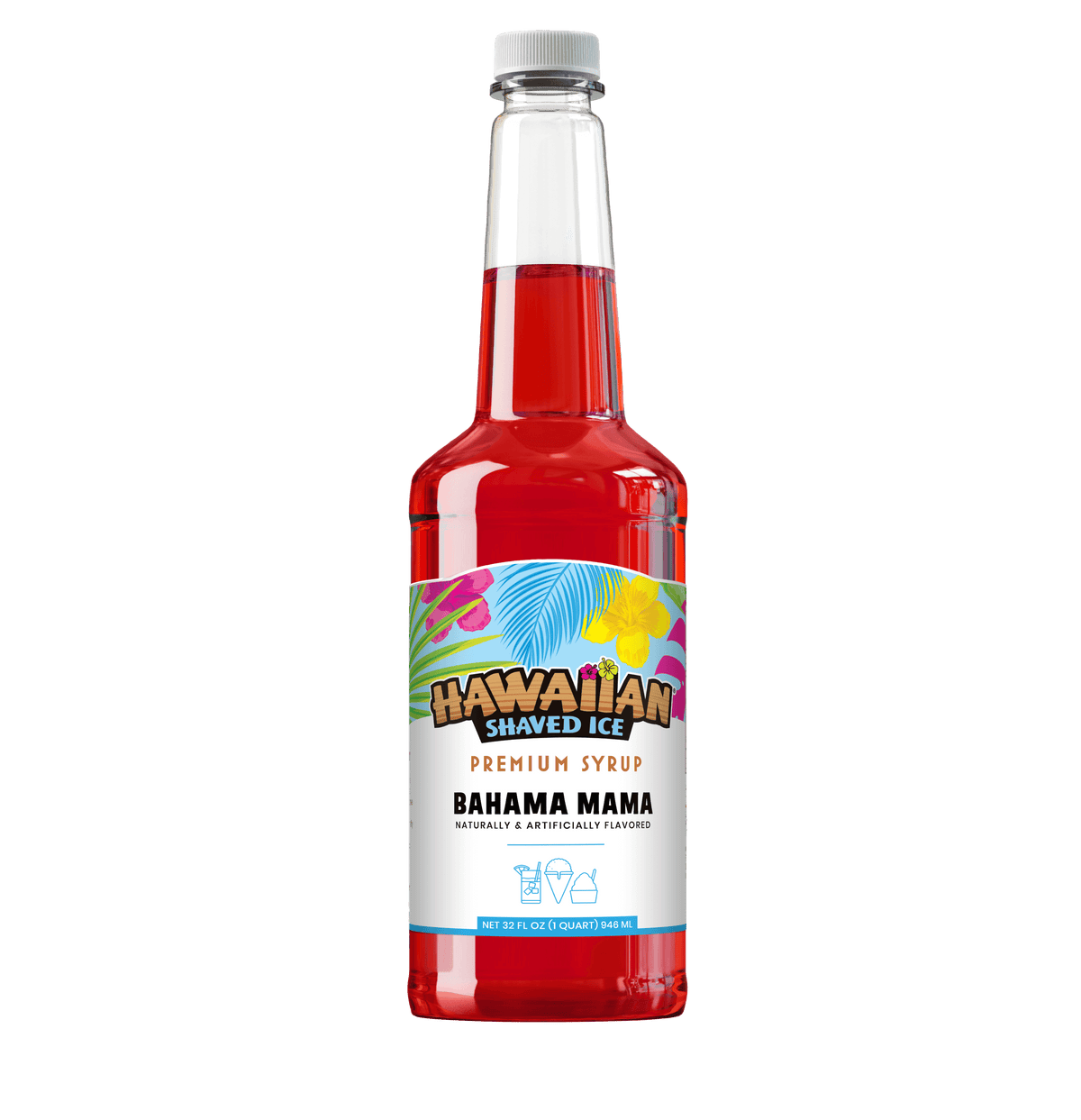 Red, Quart bottle of Bahama Mama flavored syrup 