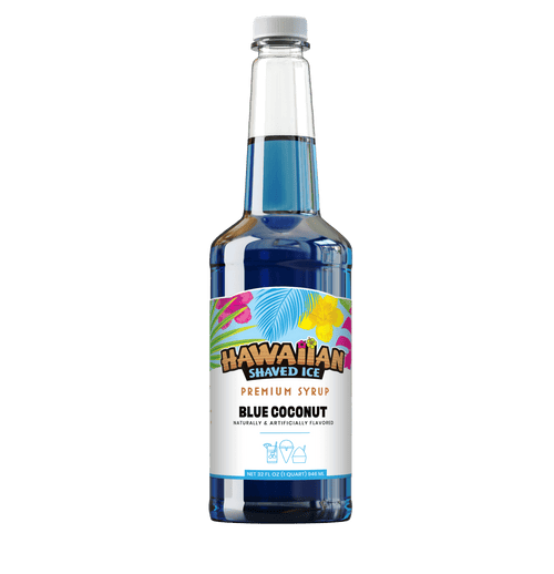 A quart (32-oz) of Hawaiian Shaved Ice Blue Coconut Flavored syrup, Blue 