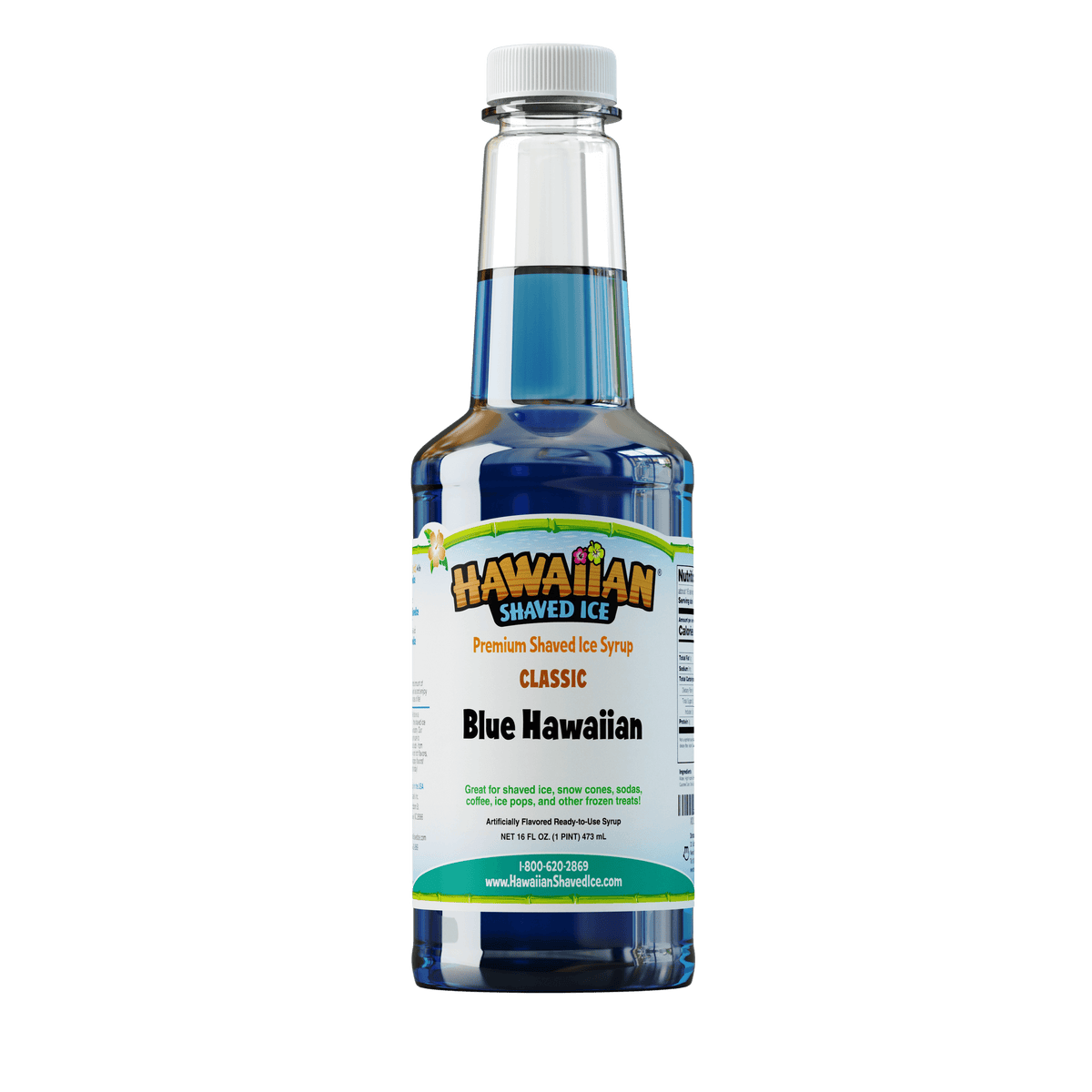 A pint (16-oz) of Hawaiian Shaved Ice Blue Hawaiian Flavored syrup, Blue