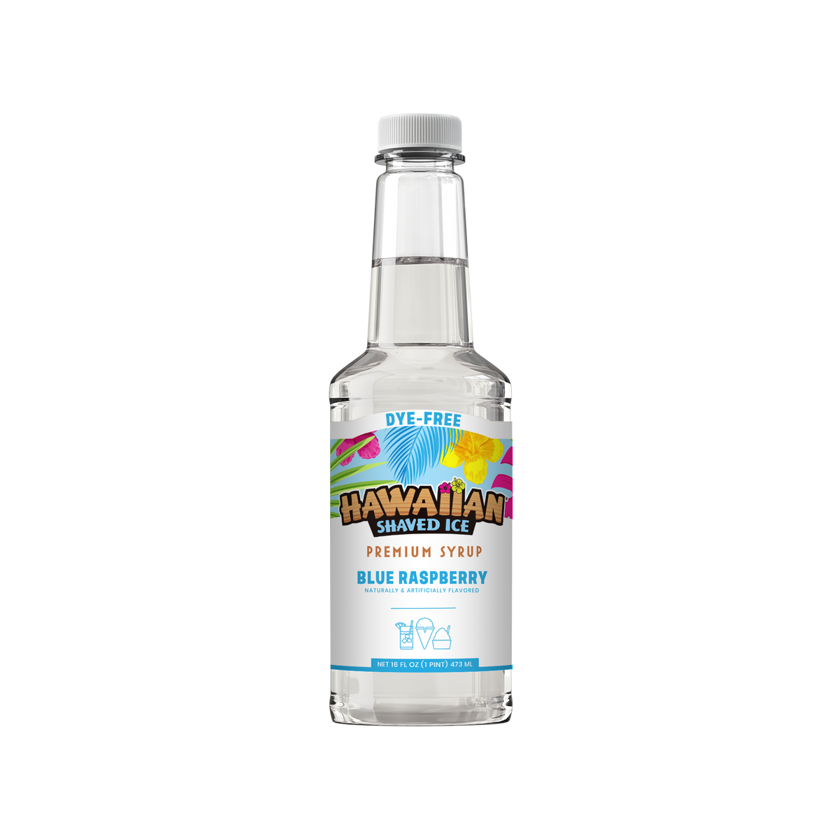 A pint sized bottle of Hawaiian Shaved Ice Dye-Free Blue Raspberry syrup