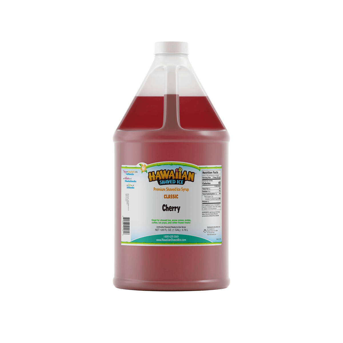 A gallon (128-oz) of Hawaiian Shaved Ice Cherry Flavored syrup, Red