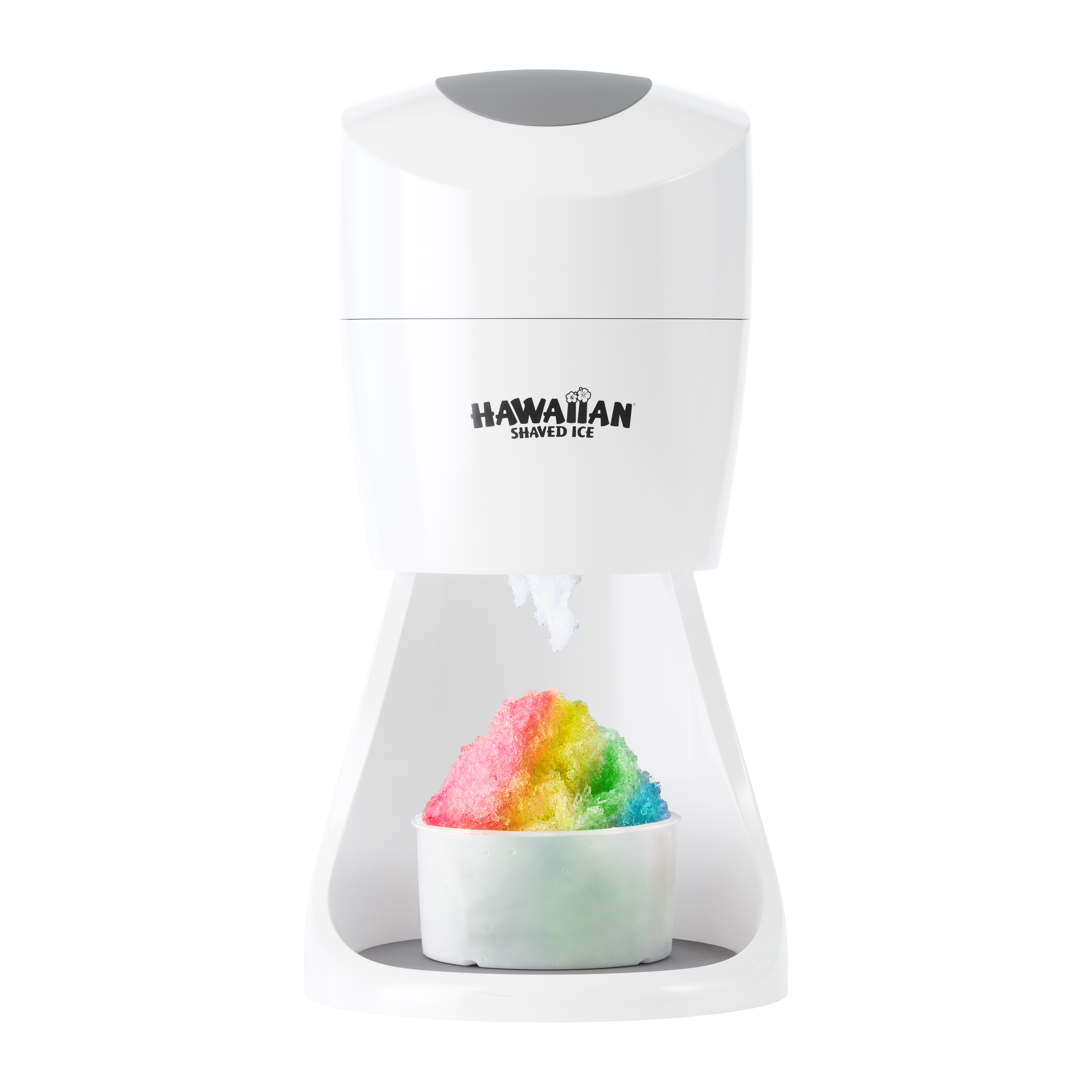 A front facing view of the Essential Shaved Ice Machine. Rainbow snow cone in white bowl displayed under machine.