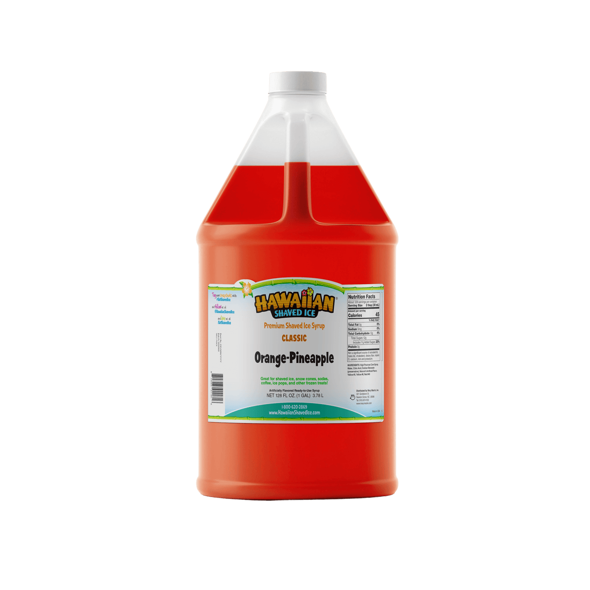 A gallon (128-oz) of Hawaiian Shaved Ice Orange-Pineapple Flavored syrup, Orange