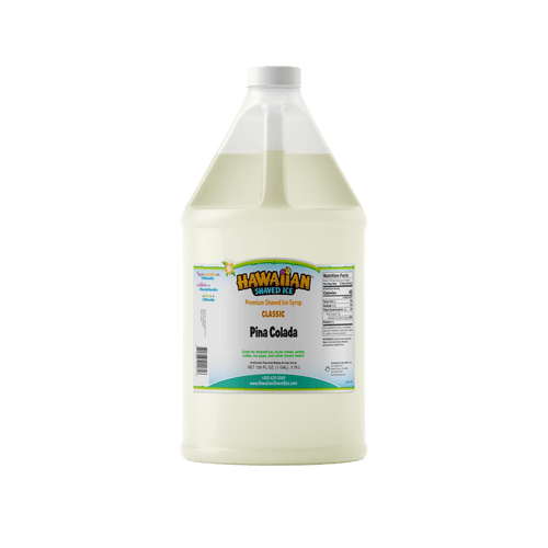 A gallon (128-oz) of Hawaiian Shaved Ice Pina Colada Flavored syrup, Clear