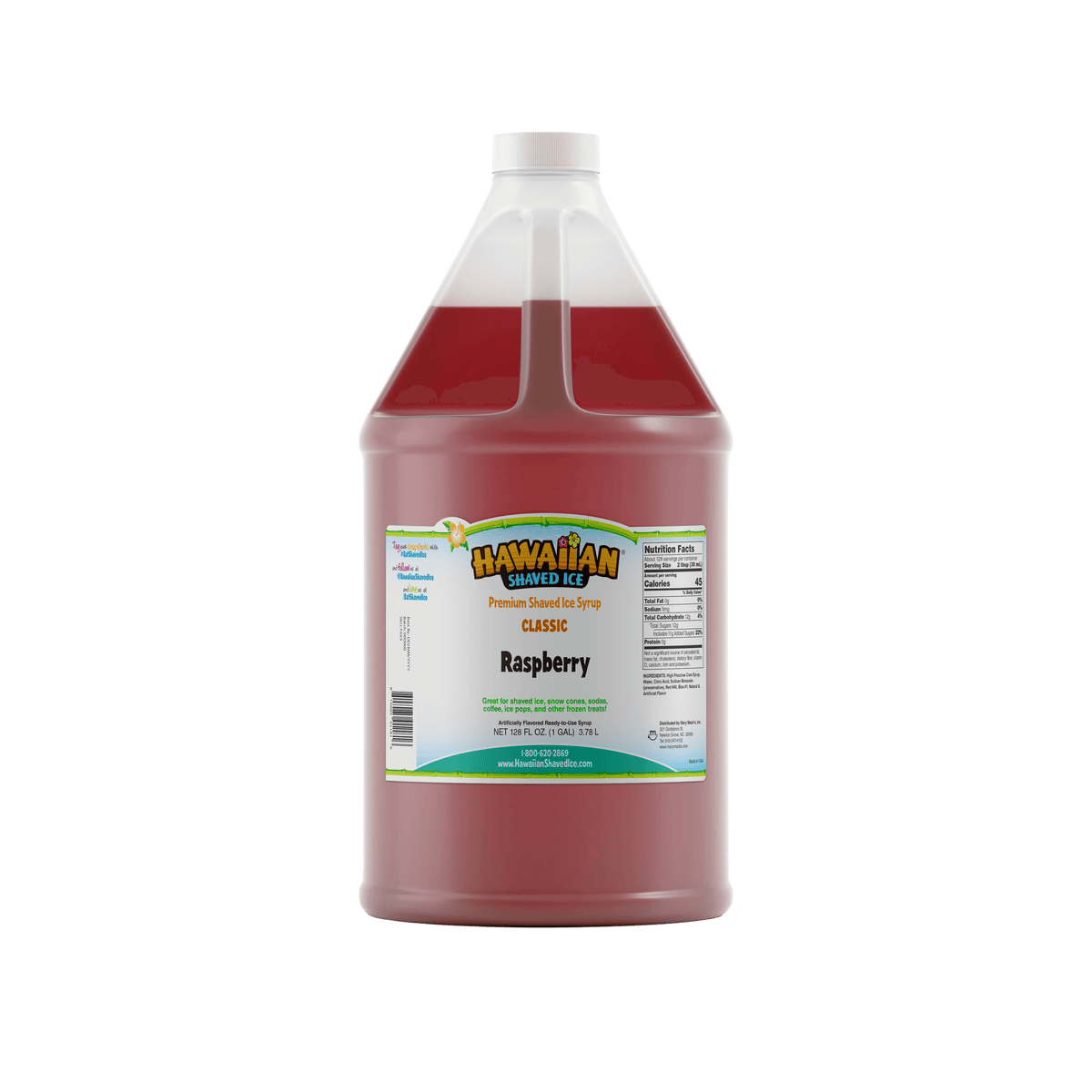A gallon (128-oz) of Hawaiian Shaved Ice Raspberry Flavored syrup, Red