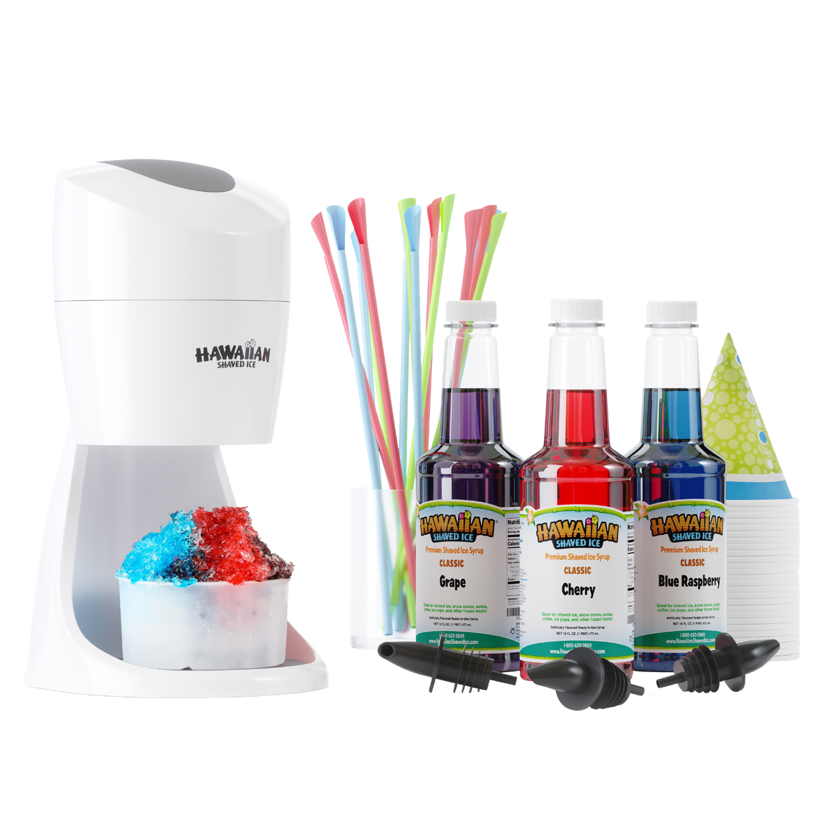 Side view of S900A machine with a snow cone (blue, purple, and red) in a small cup directly below the machine. To the left are 3 16-oz pints, which are Cherry (Red), Blue Raspberry (Blue), and Grape (Purple). In front of the pints are three black bottle pourers. To the left and slightly behind the pints are a stack of green snow cone cups. Slightly behind and to the right of the pints is an assortment of spoon straws (Blue, Red and Green).