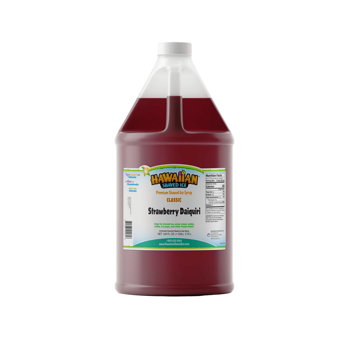 A gallon (128-oz) of Hawaiian Shaved Ice Strawberry Daiquiri Flavored syrup, Red