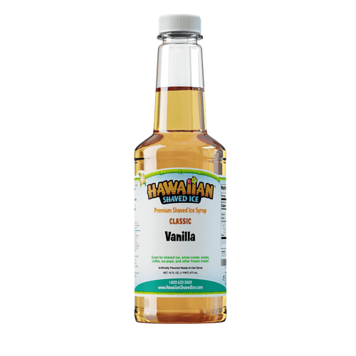 A pint (16-oz) of Hawaiian Shaved Ice Vanilla Flavored syrup, Light Brown