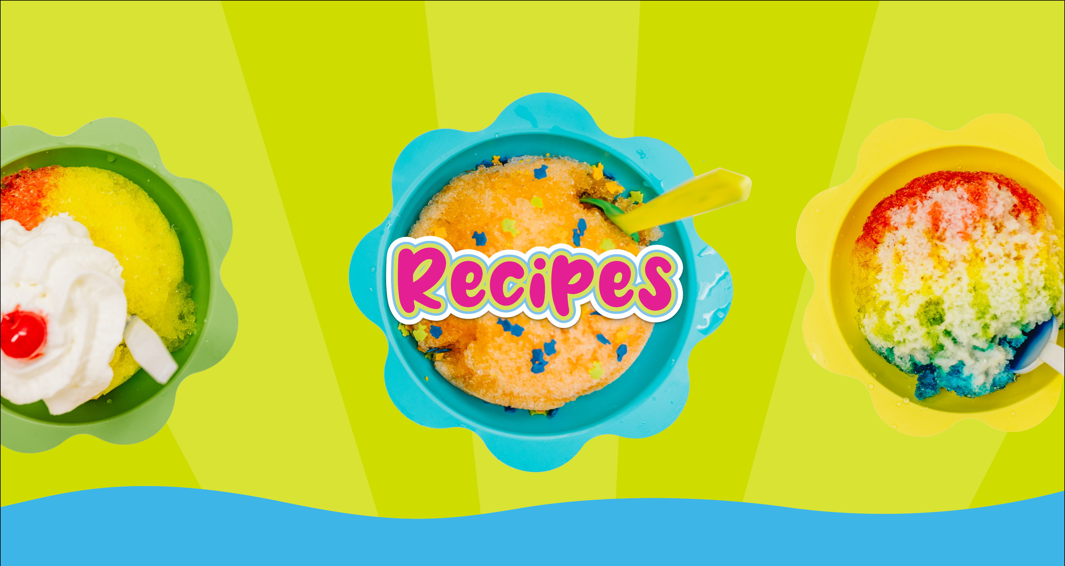 three bowls of shaved ice on green and blue background with "Recipes" in writing