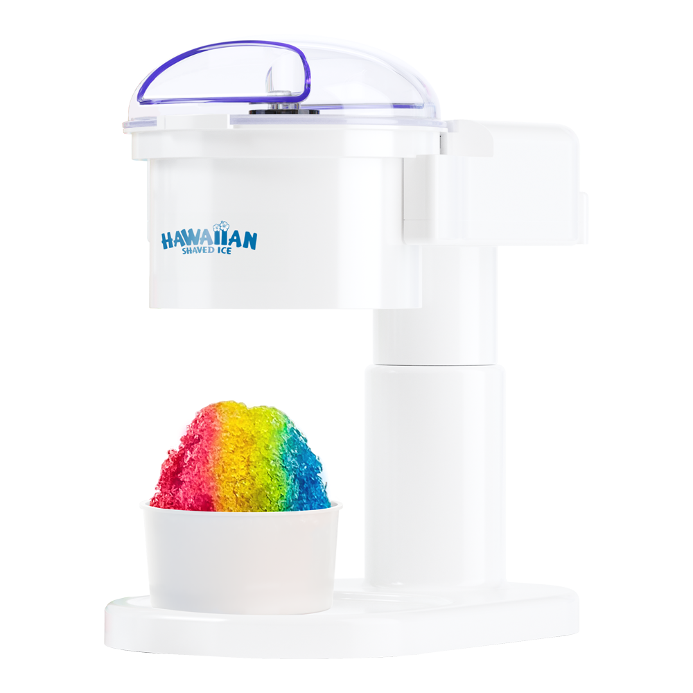 A side-view of the white home-appliance S700 Classic Snow Cone Machine.  Rainbow snow cone in white bowl displayed under machine.