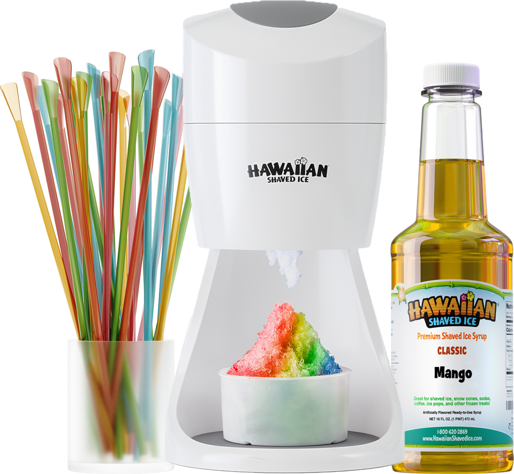 Hawaiian Shaved Ice S900A Snow Cone Machine Kit with 3-16oz. Syrup Flavors:  Cherry, Grape, and Blue Raspberry, plus 25 Cups, 25 Spoon Straws, 3 Black
